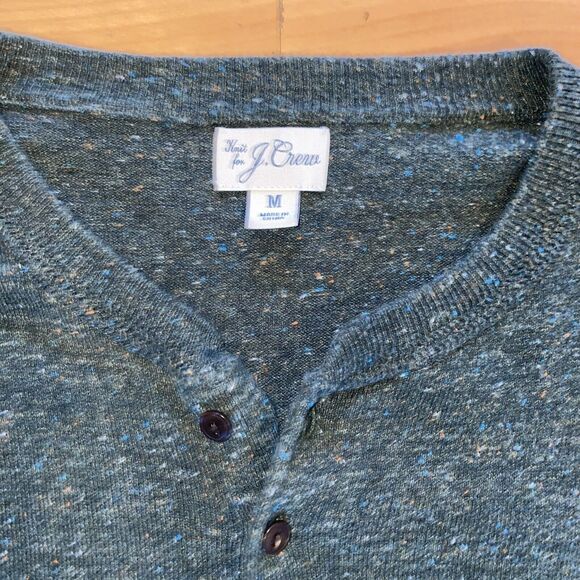 J Crew Henley Sweater Mens medium Heather Green Knit Long Sleeve Crew Neck - Picture 4 of 9